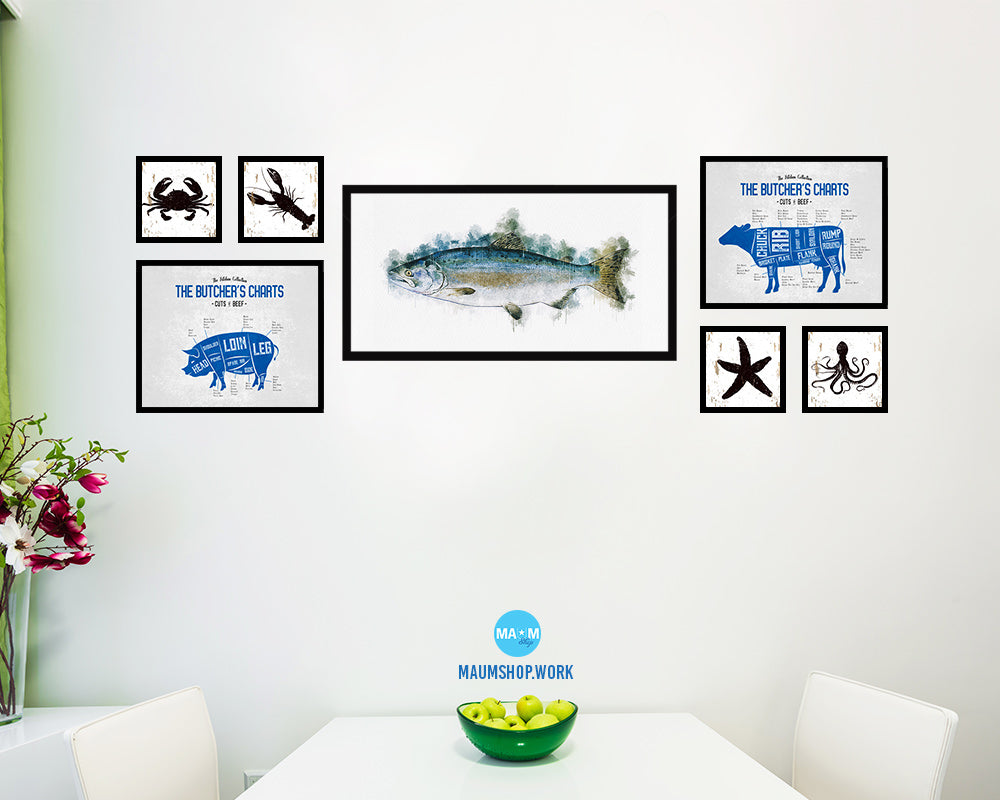 Pink Alaska Salmon Fish Art Wood Frame Modern Restaurant Sushi Wall Decor Gifts, 10" x 20"