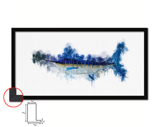 Blue Marlin Fish Art Wood Frame Modern Restaurant Sushi Wall Decor Gifts, 10" x 20"