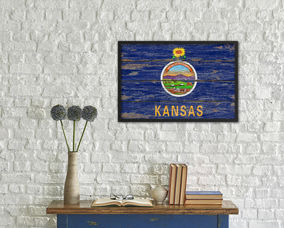 Kansas State Rustic Flag Wood Framed Paper Prints Wall Art Decor Gifts