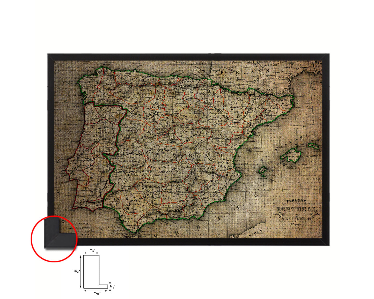 Spain and Portugal 1846 Vintage Map Framed Print Art Wall Decor Gifts